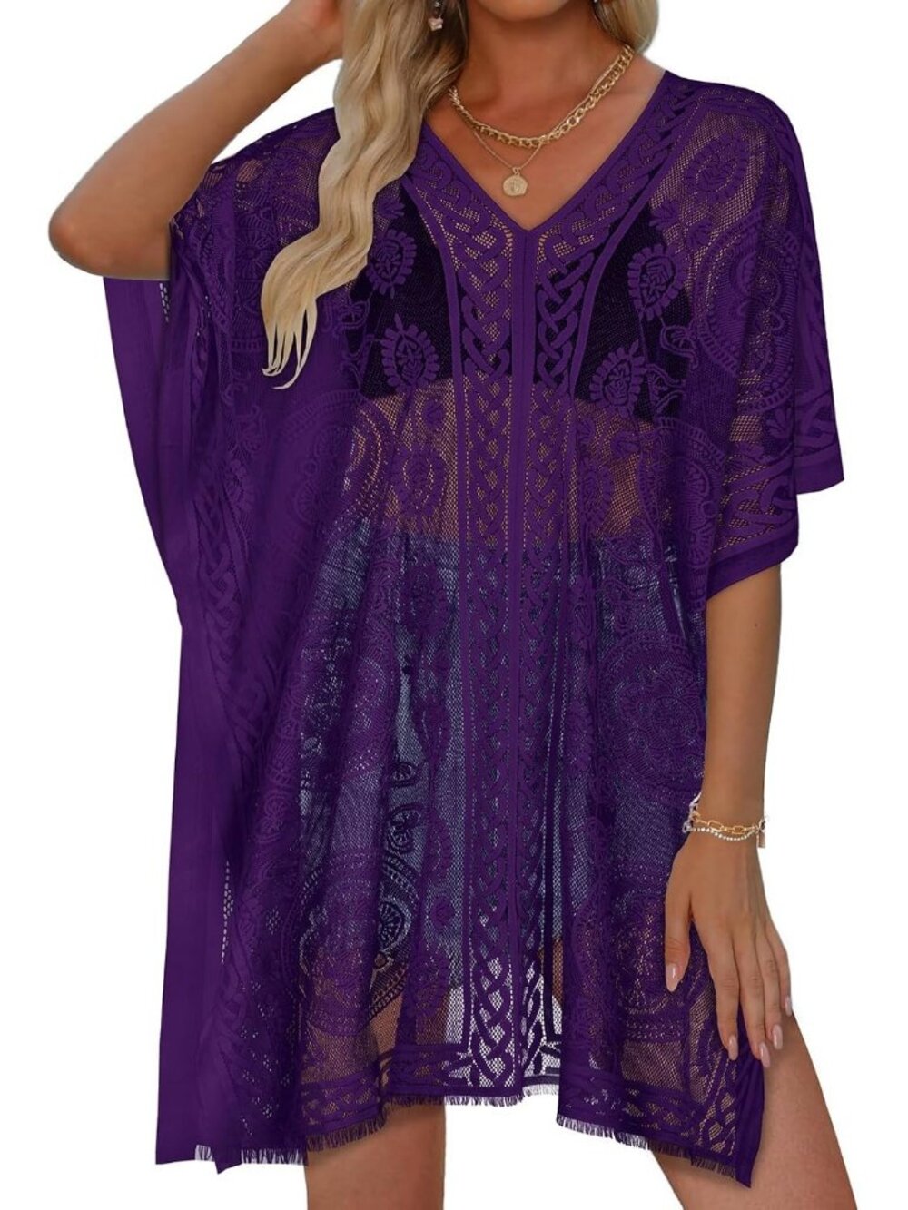 Women's Dark Purple Polyester V Neck Laced Summer Swim Loose Bikni Coverup Dress
